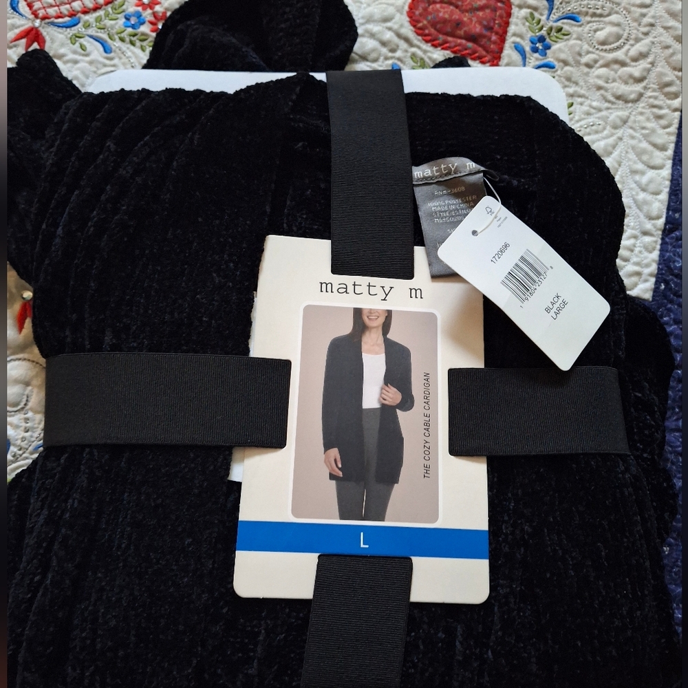 Matty M Black Chenille Long Cardigan Open Sweater NWT Ladies' Large - Picture 2 of 8
